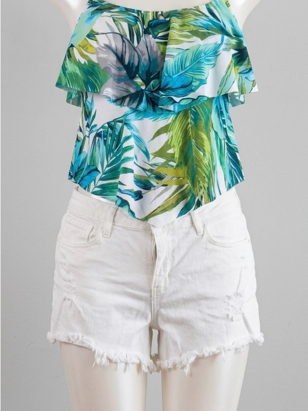 Tropical Leaf Ruffle Tank Top - Green/Blue